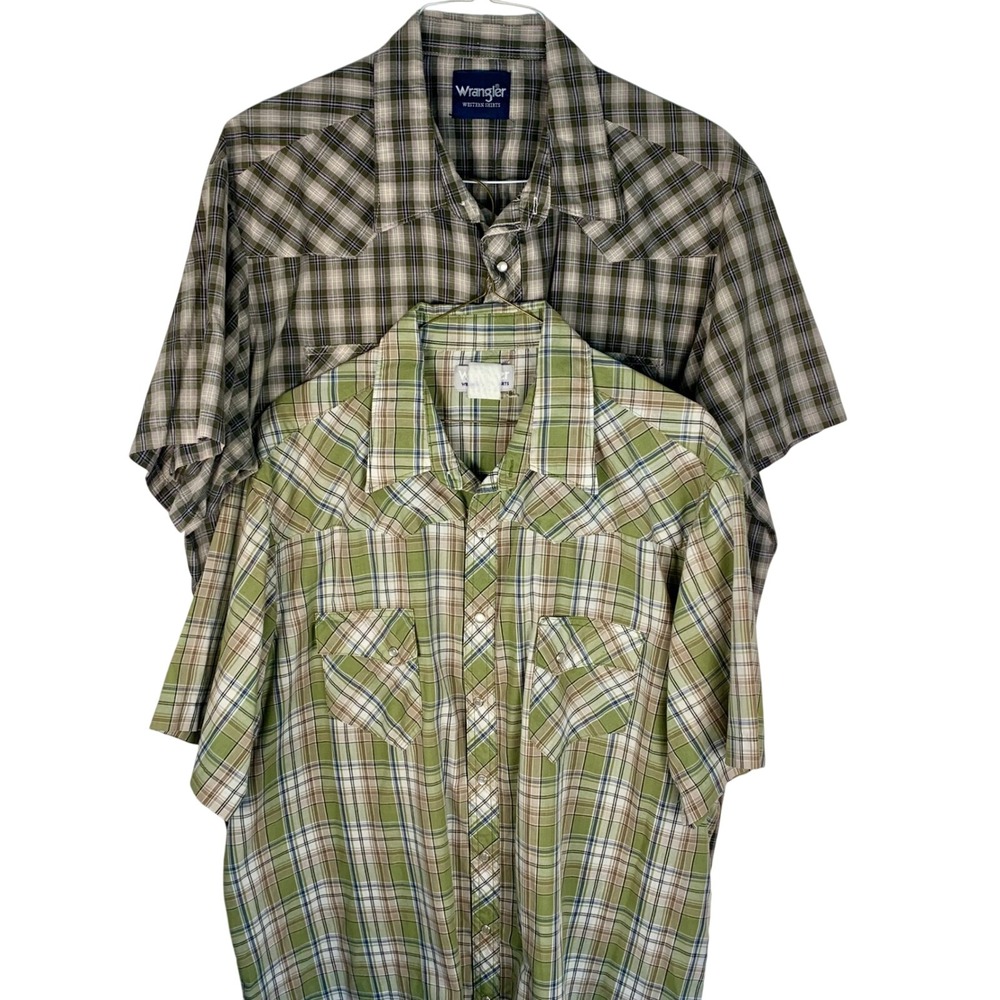 Wrangler 2XLT Western Shirts Bundle Green Brown Plaid Pearl Snap‎ Tall Lot of 2